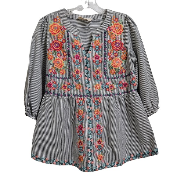 Savanna Jane Tops - Savanna Jane Peplum Top Womens Small Black White Striped Floral Embroidered Boho